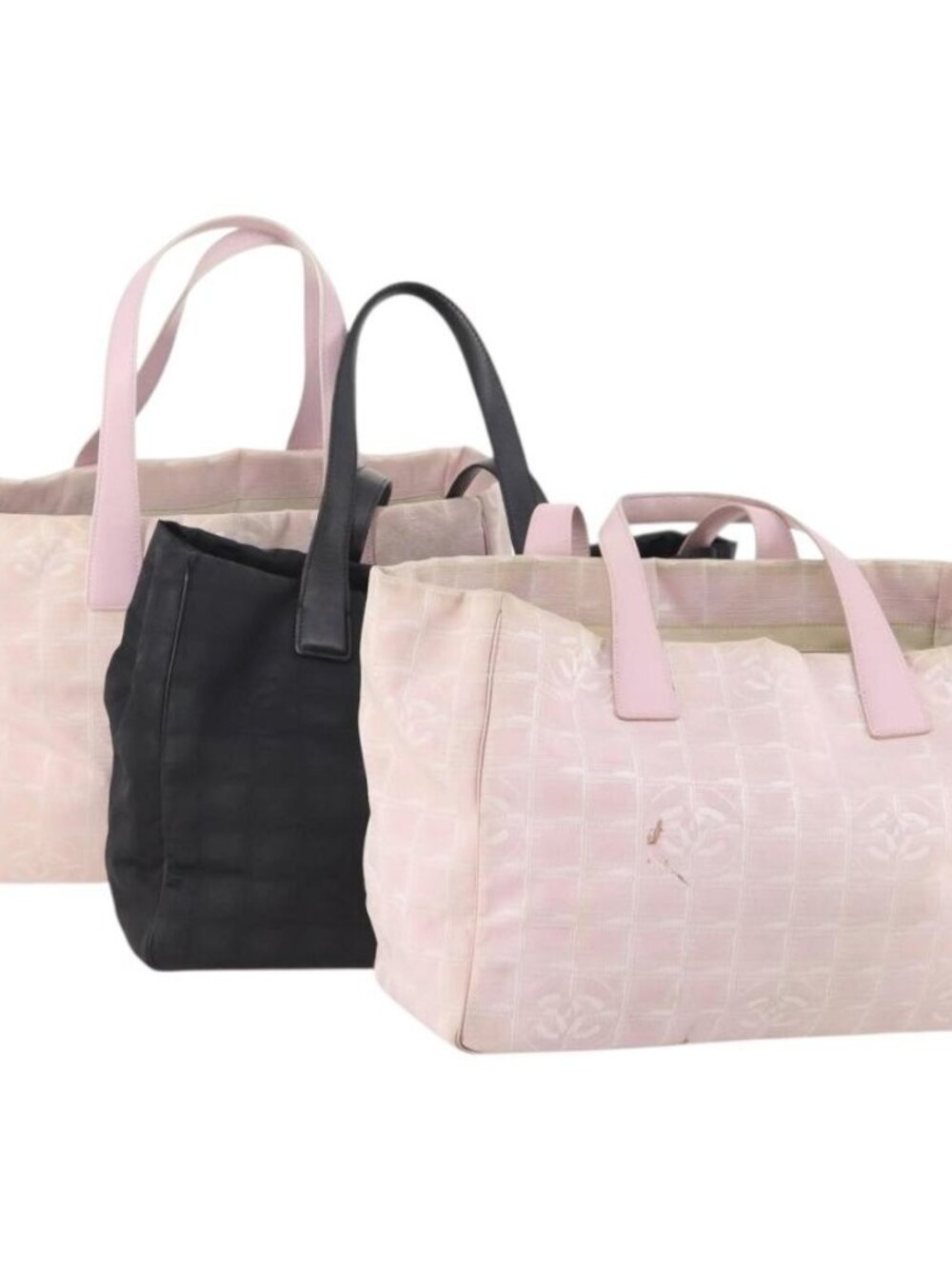 CHANEL New Travel Line Tote Bag Nylon 3 Set Pink Black CC Auth ti3919